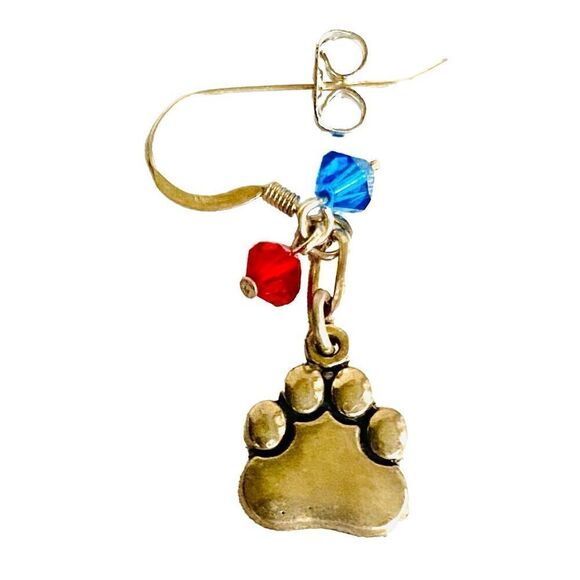 KU Just Cute Dangle Silver Paws Earrings With Red/blue accent crystals. - Picture 8 of 10